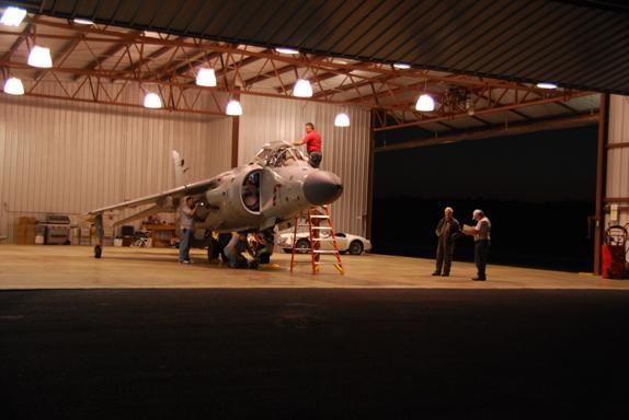 Harrier jet getting ready for air show in hanger