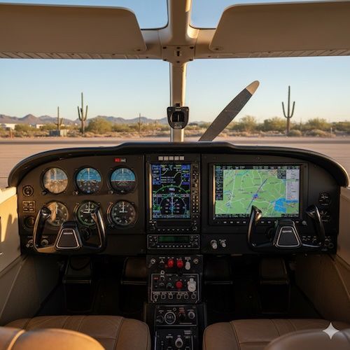 View from the cockpit of a small aircraft showing the instrument panel and a desert runway with saguaro cacti.