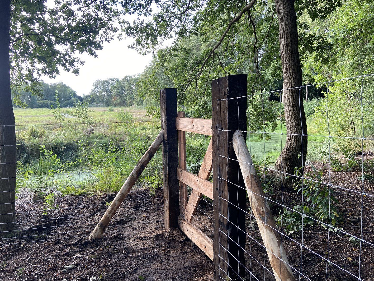 Houten poort met een draadhek, die toegang geeft tot een veld met bomen.