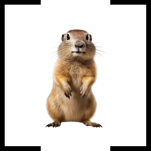 A ground squirrel is standing on its hind legs on a white background.