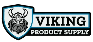 The viking product supply logo has a picture of a viking on it.