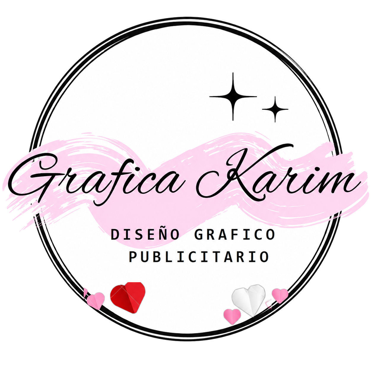 Logo circular de Grafica Karim con texto rosa, estrellas negras y corazones rojos y rosas; diseño gráfico publicitario