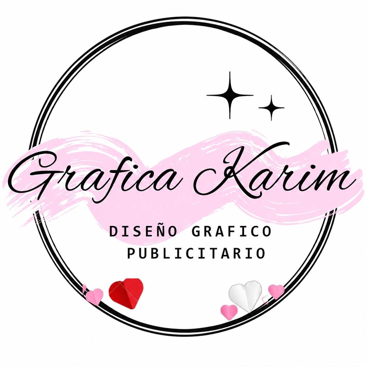 Logo circular blanco y rosa de “Grafica Karim” con texto “Diseño Gráfico Publicitario” y corazones rojos y rosas.