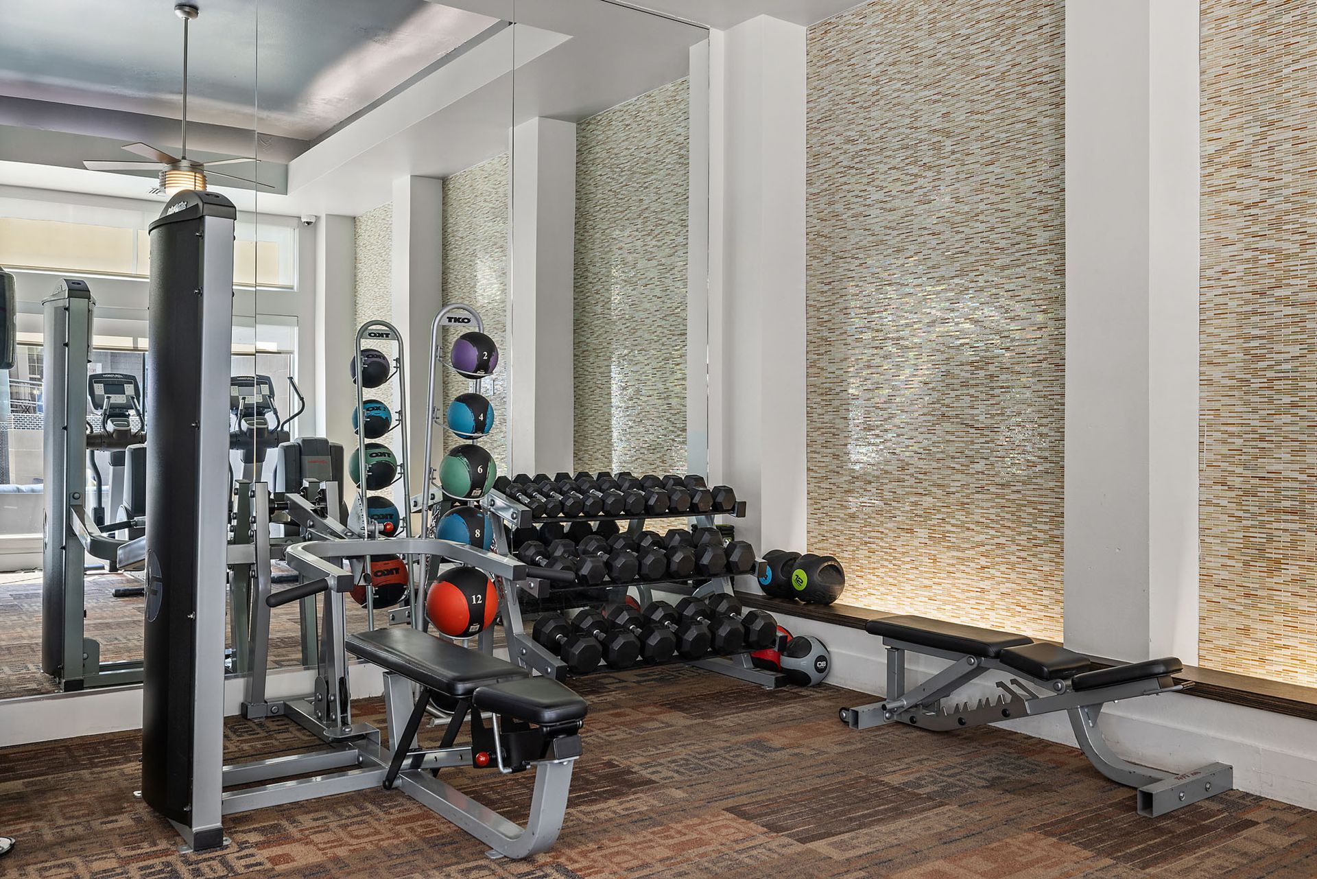 Modern gym with weight machines, dumbbells, benches, and mirrors in a bright room at The Marq at Ridgegate in Lone Tree, CO.