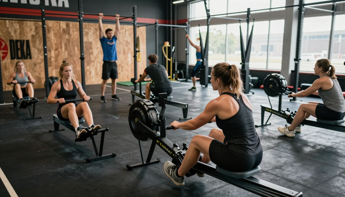 Functional fitness athletes preparing for a DEKA-style event