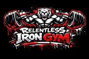 Red muscular lifter holding a barbell above the bold text “RELENTLESS IRON”