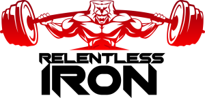 Red muscular lifter holding a barbell above bold text “RELENTLESS IRON”