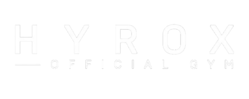 Faint white HYROX OFFICIAL GYM logo on a white background