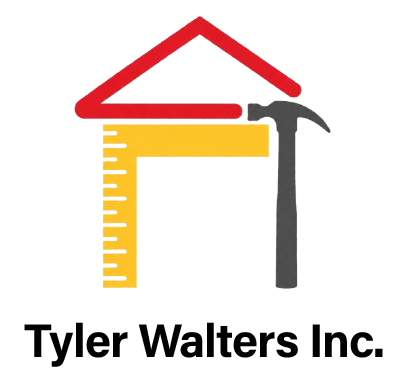 Tyler Walters Inc. logo with red roof, yellow ruler, and gray hammer above black text