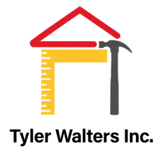 Tyler Walters Inc. logo with red roof, yellow ruler, and gray hammer above black text