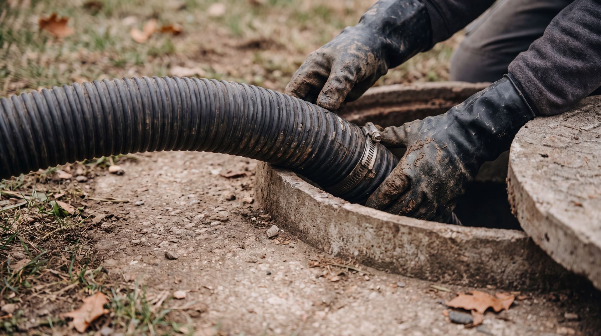Gloved hands guiding a corrugated hose into an open concrete lid during septic tank system pumping.