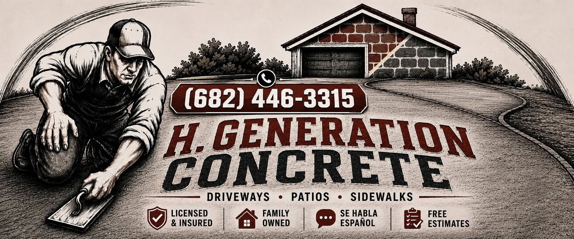 General Concrete banner with worker illustration, phone number, house roof, and services: sidewalks, patios, stairways.