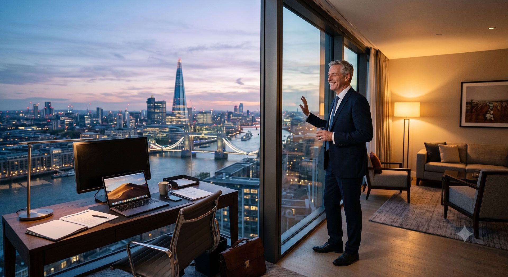 Man in suit standing by hotel window overlooking city skyline at dusk, with desk and warm-lit lounge inside