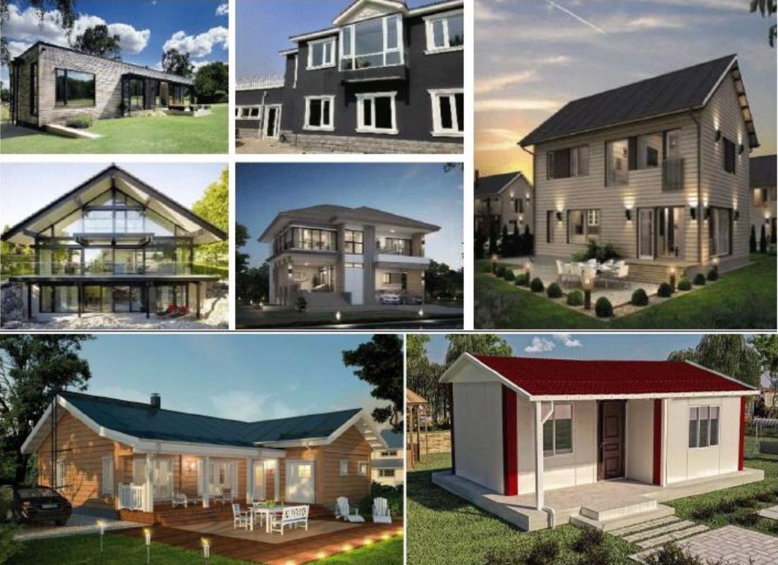 Collage of modern and traditional houses with varied exteriors, roofs, and landscaping outdoors.