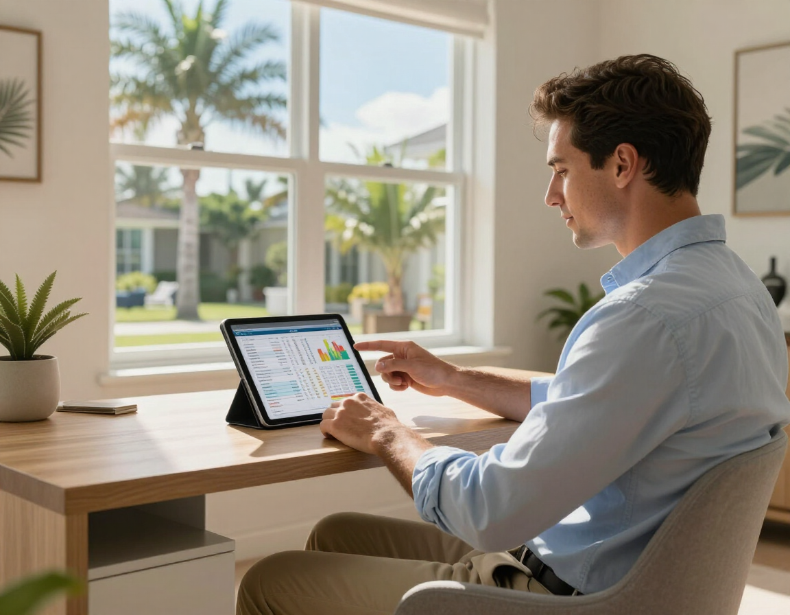 Property owner reviewing financial statements at home office