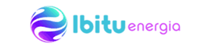 Logotipo da Ibitu Energia com um ícone em espiral azul e roxa e texto em tons de verde-azulado a rosa sobre fundo branco.