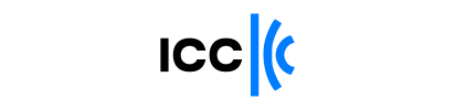 Logotipo do ICC em preto com linhas curvas azuis.