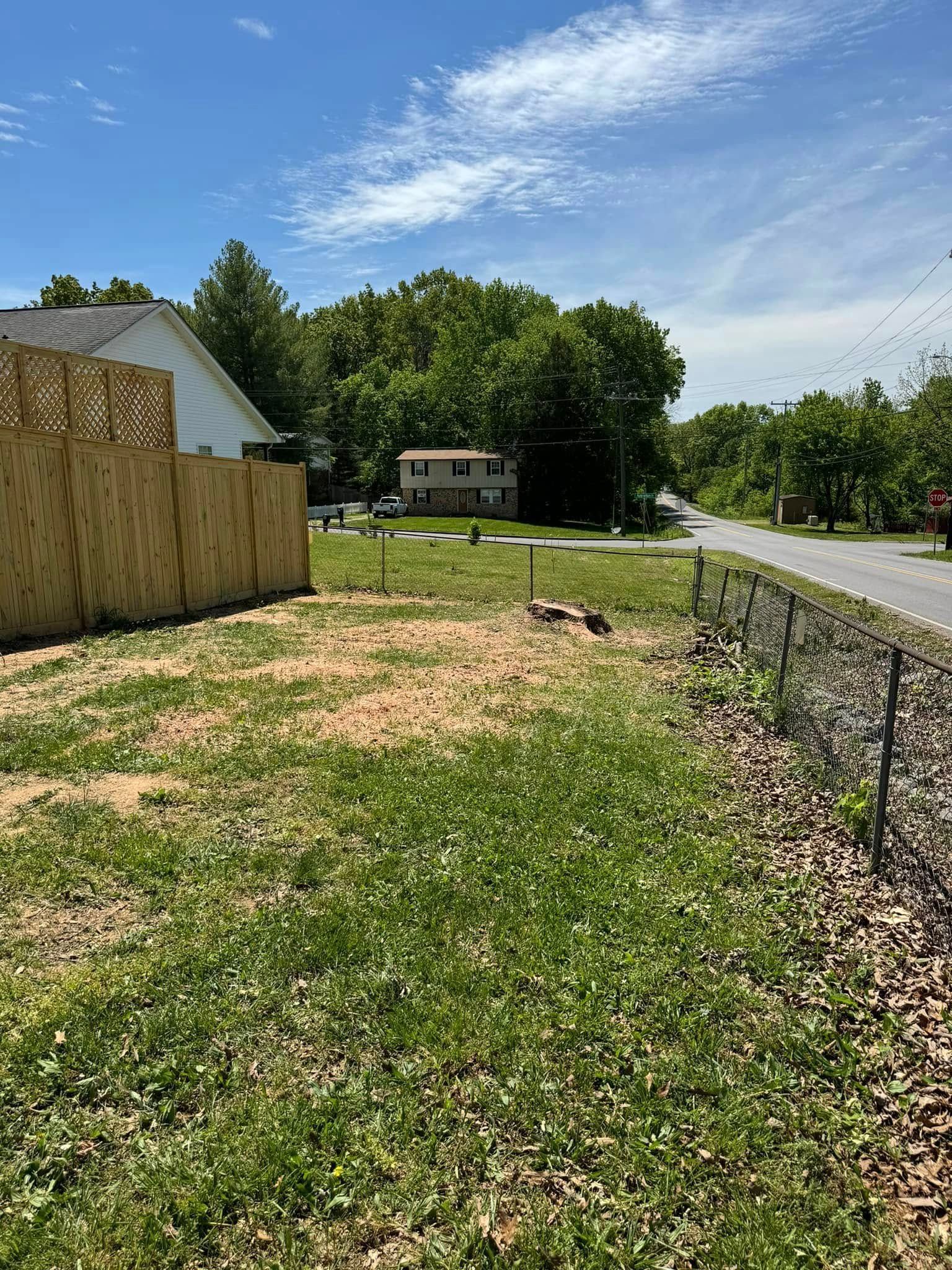 A sunlit backyard with a tall wooden privacy fence, a chain-link fence, grassy ground, and trees under a clear blue sky.