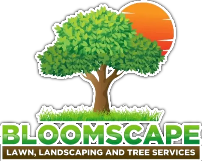 Logo for Bloomscape Lawn, Landscaping and Tree Services featuring a green tree over a sunset and green grass.