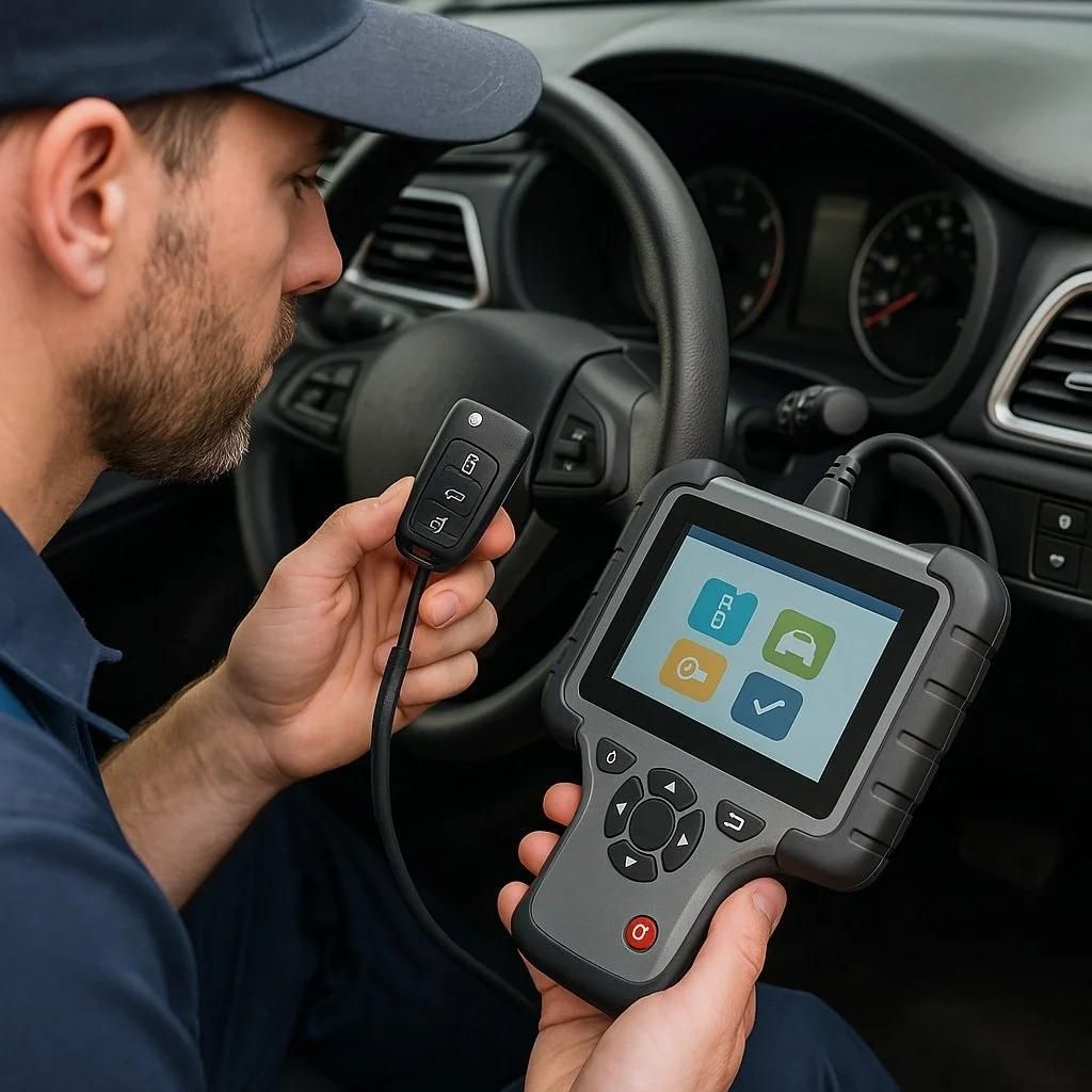 Technician in a car using a handheld diagnostic scanner with a small display and buttons