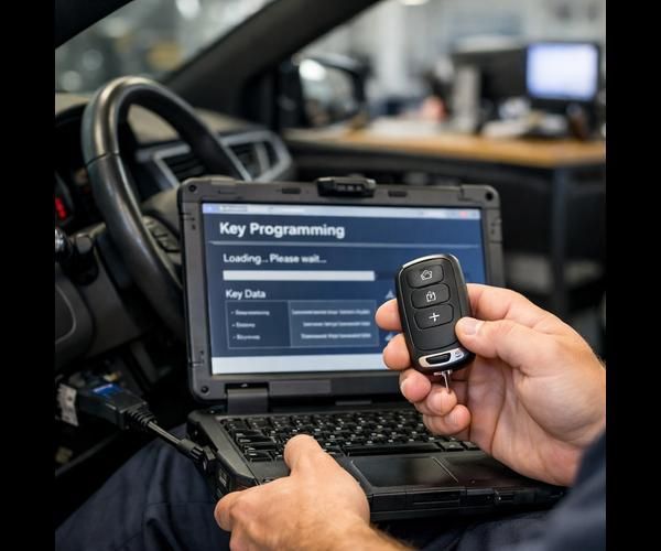 Technician using a laptop to program a car key fob in a workshop