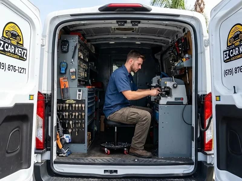 Technician working inside a service van with tools and equipment in the open rear cargo area