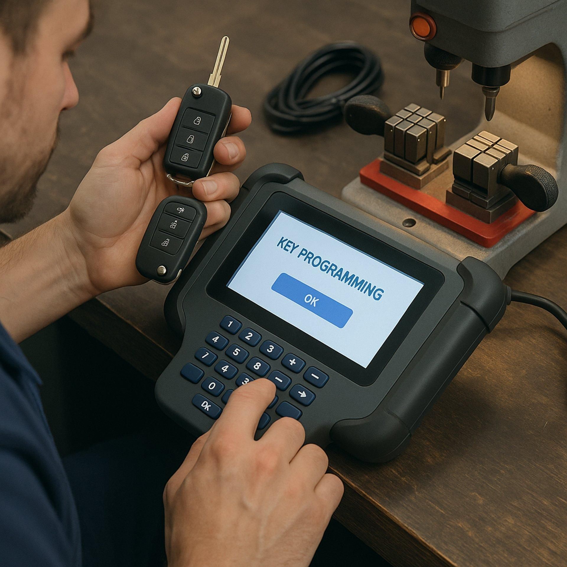 Person programming a car key fob on a keypad device beside a key-cutting machine.