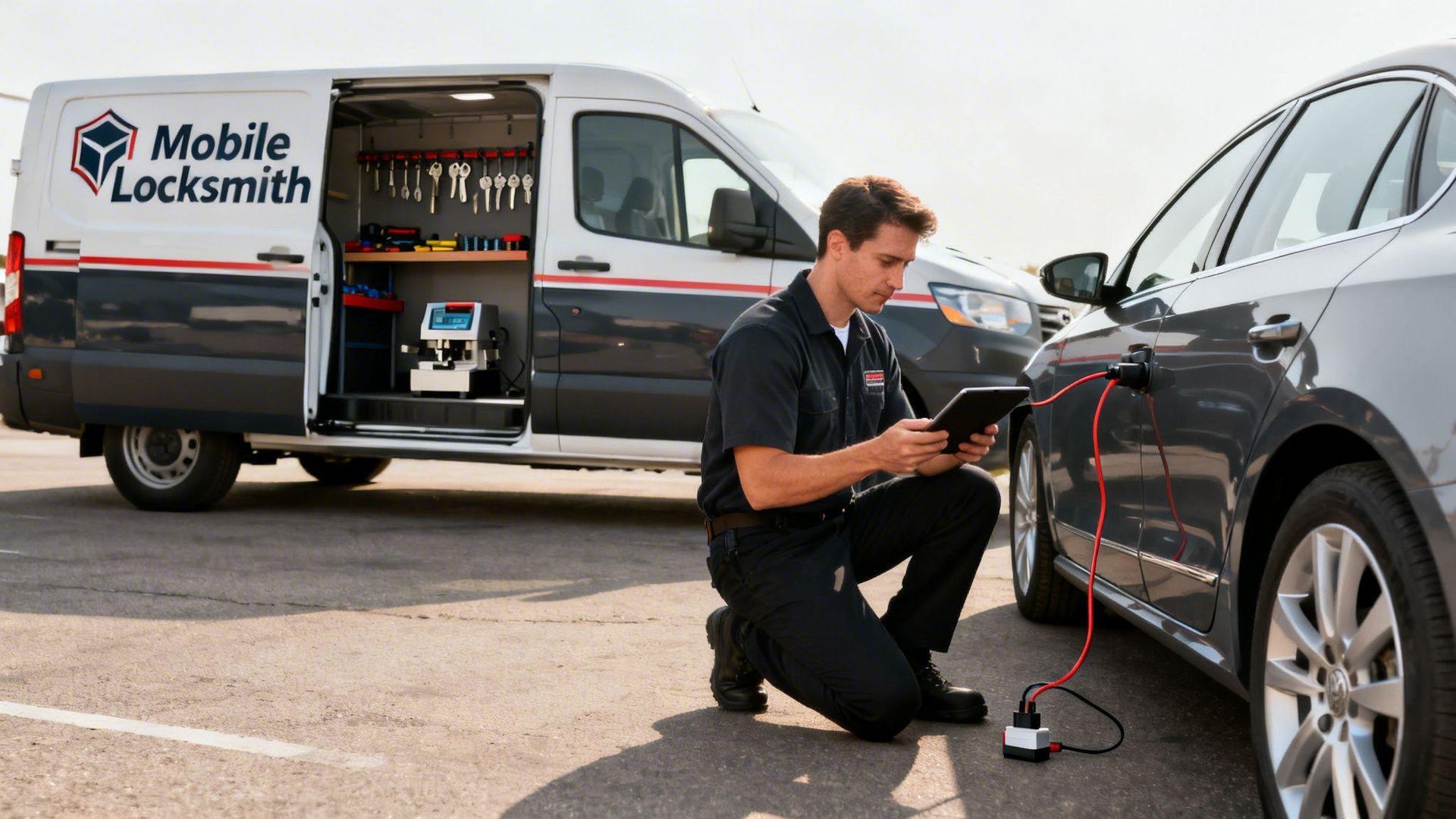 Mobile locksmith kneels beside a black car, working with tools from a service van in a parking lot