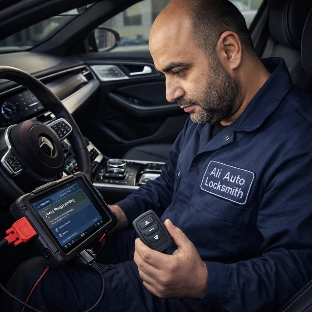 Car locksmith using a tablet and key fob inside a car interior