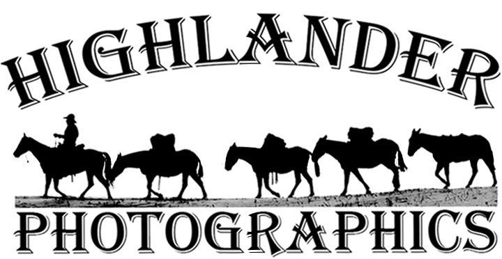 Logo with "HIGHLANDER PHOTOGRAPHICS" above and below a line of silhouetted horses carrying packs.