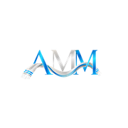 Stylized blue and silver “AMM” logo with a flowing wave underline on a white background