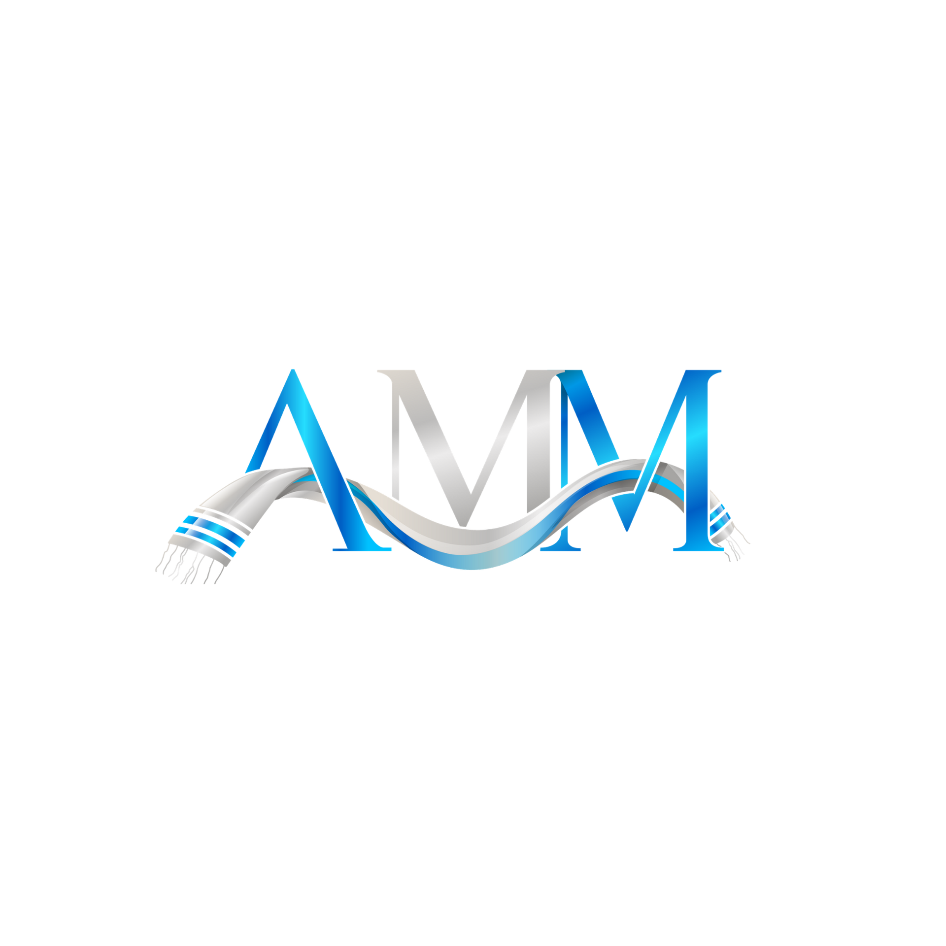 Stylized blue and silver “AMM” logo with a flowing wave underline on a white background