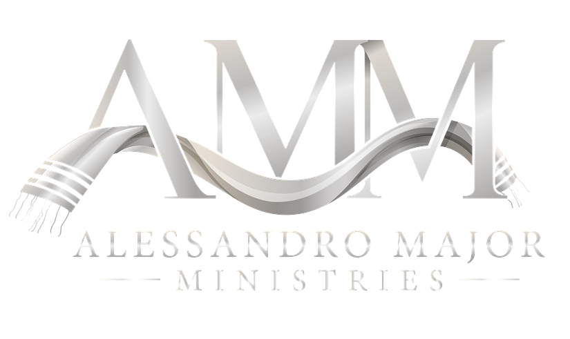Logo for Alessandro Major Ministries with stylized silver “AMM” and flowing ribbon design