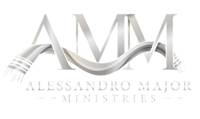 Logo for Alessandro Major Ministries with stylized silver “AMM” and flowing ribbon design