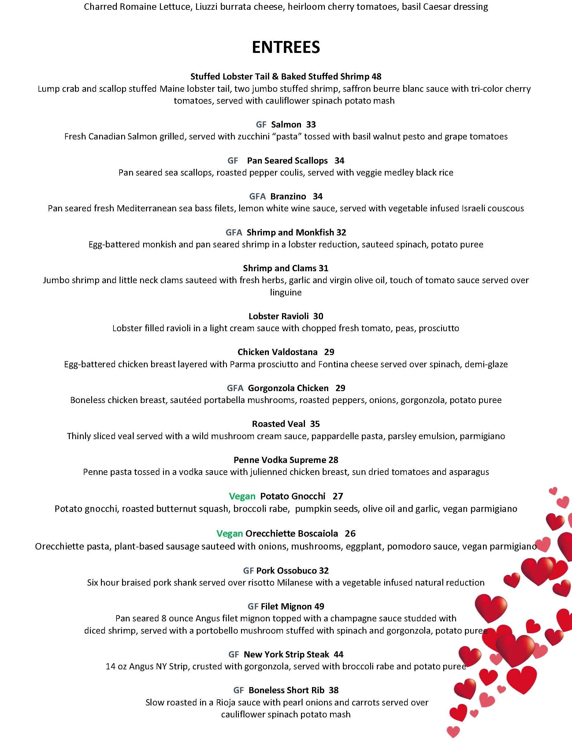 Bin 100 Restaurant Milford, CT Valentine's Day Menu
