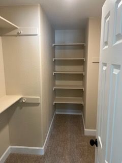Empty closet with built-in shelves. Beige walls, tan carpet, and white door.