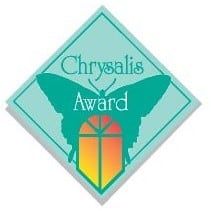 Chrysalis Award logo with a butterfly silhouette over a window, teal diamond with gold and orange window.