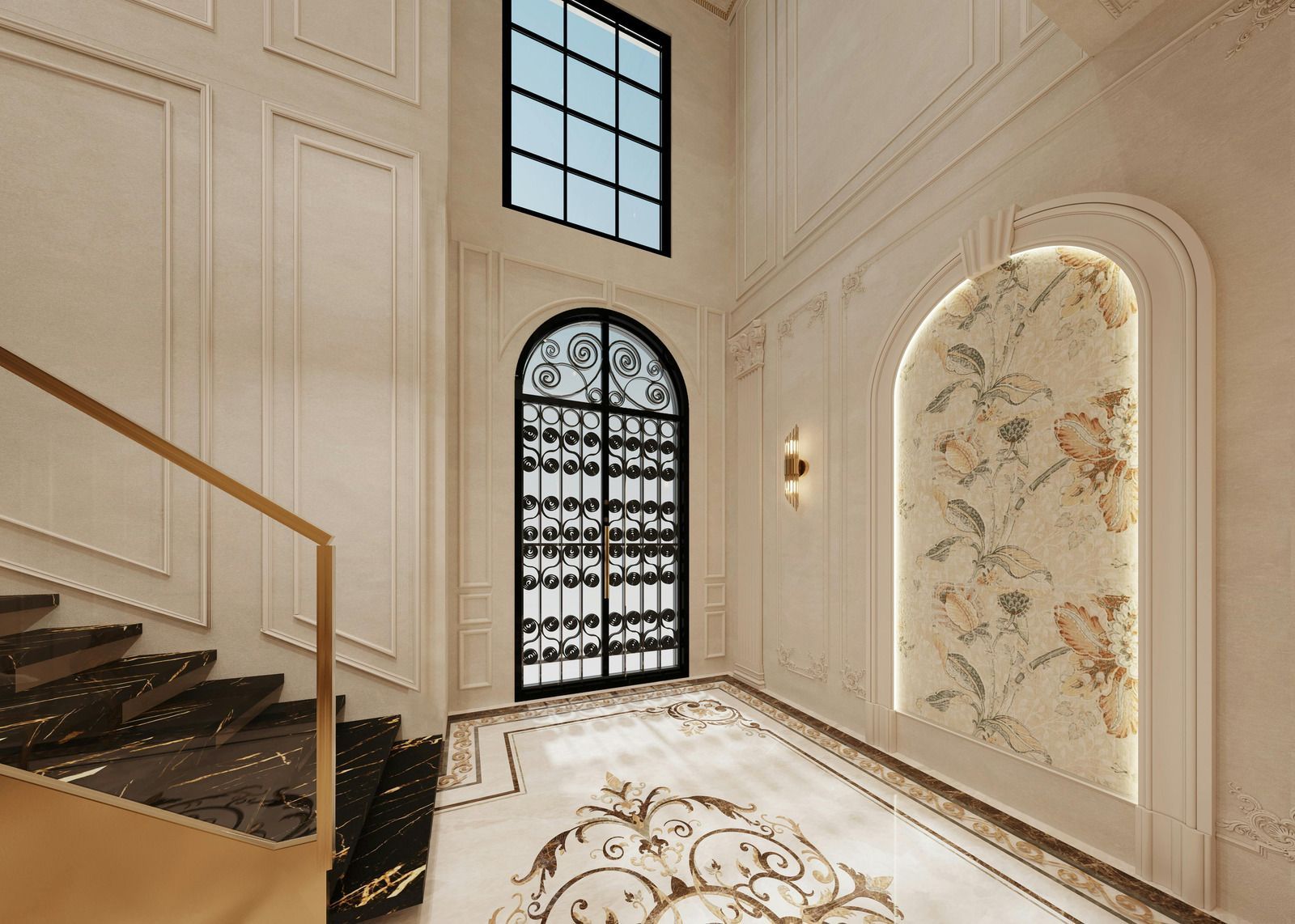 There is a staircase in the middle of the room with a window.