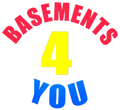 "Basements 4 You" logo. Red text "Basements" arches over a yellow "4", blue text "YOU" below on a white background.