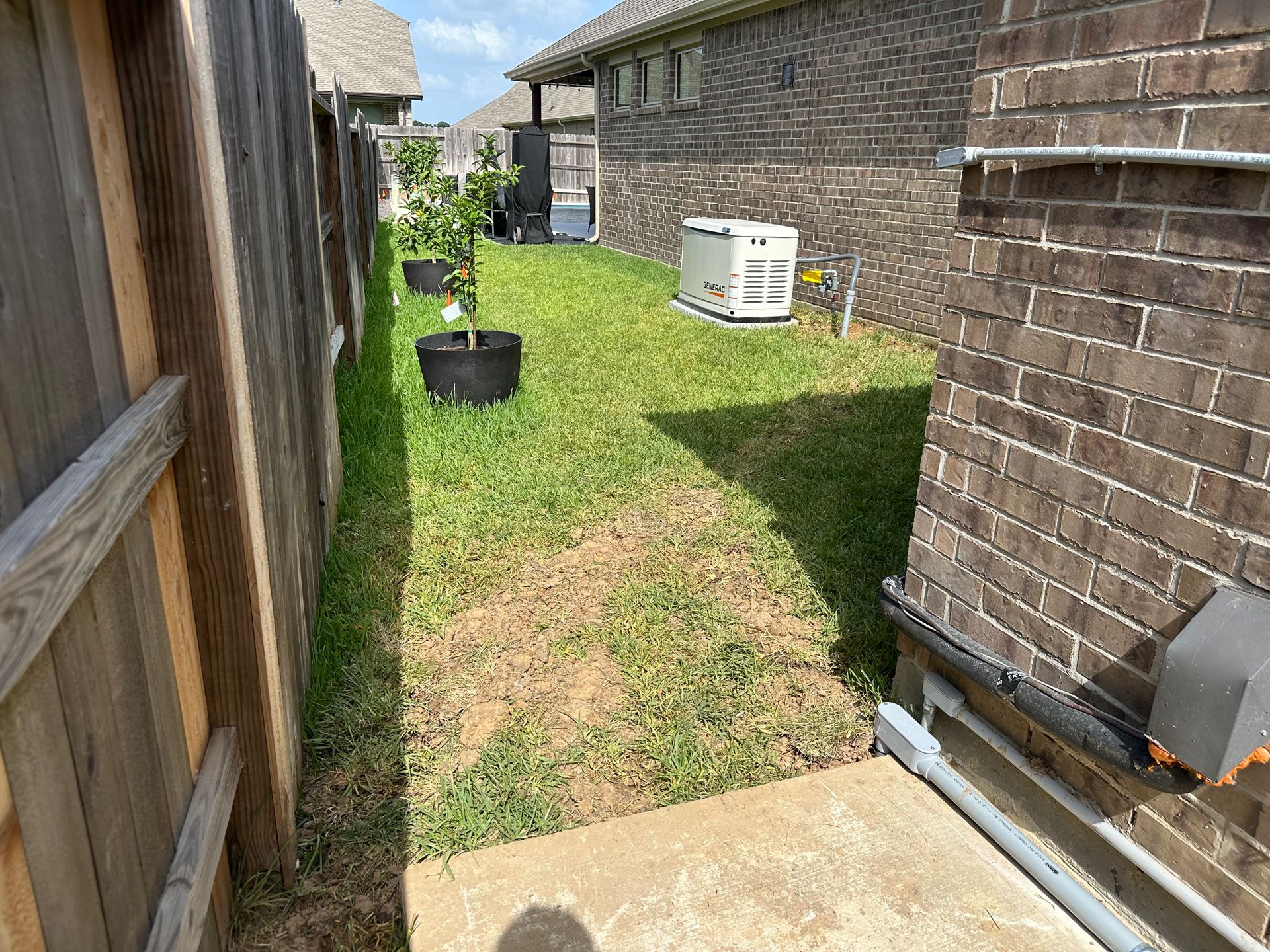 Narrow backyard with grass, trees in pots, and fence on both sides.