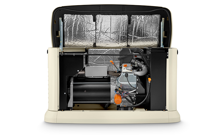 Standby generator with open access panel, revealing engine and components. Beige exterior, silver insulation.