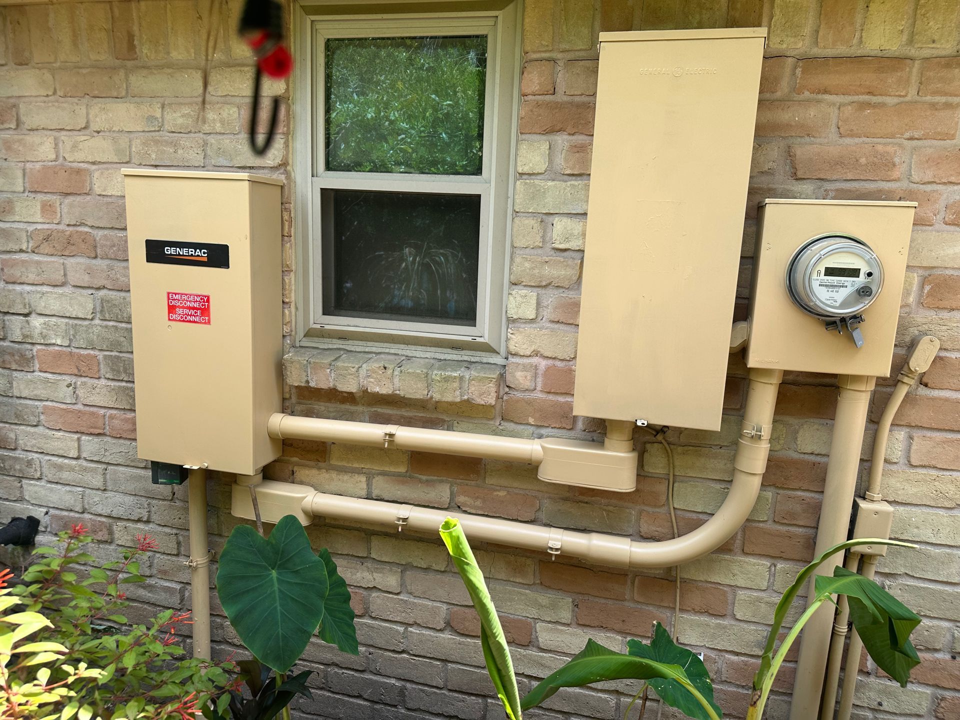 Exterior view of electrical boxes and meter on a brick wall beside a window, with plants in foreground.