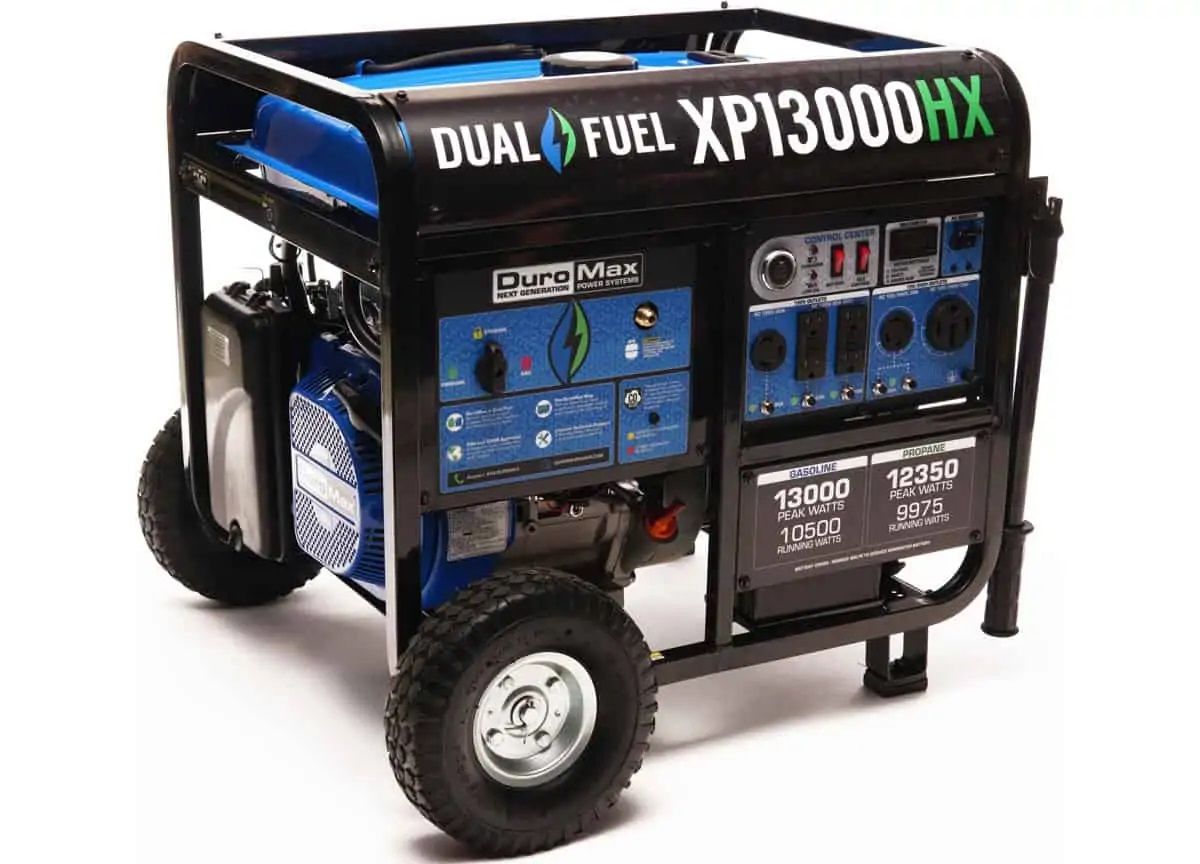 Blue and black dual-fuel generator on wheels, labeled XP13000HX.