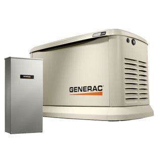 Generac home generator system: beige generator and metal transfer switch.