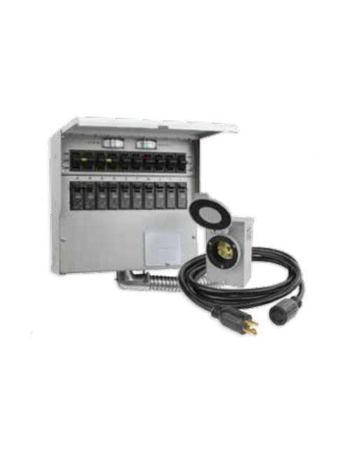 Gray electrical panel with circuit breakers, connected to a power inlet with a cable.