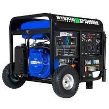 Black and blue DuroMax hybrid dual fuel generator with wheels.