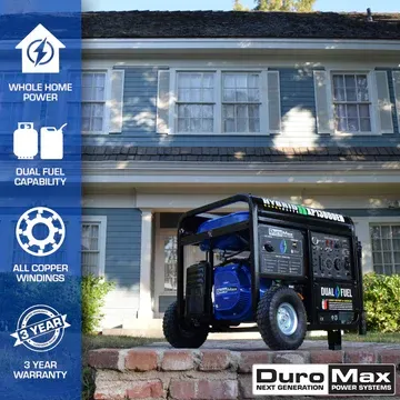 A generator in front of a blue house with the DuroMax logo and features displayed, highlighting 