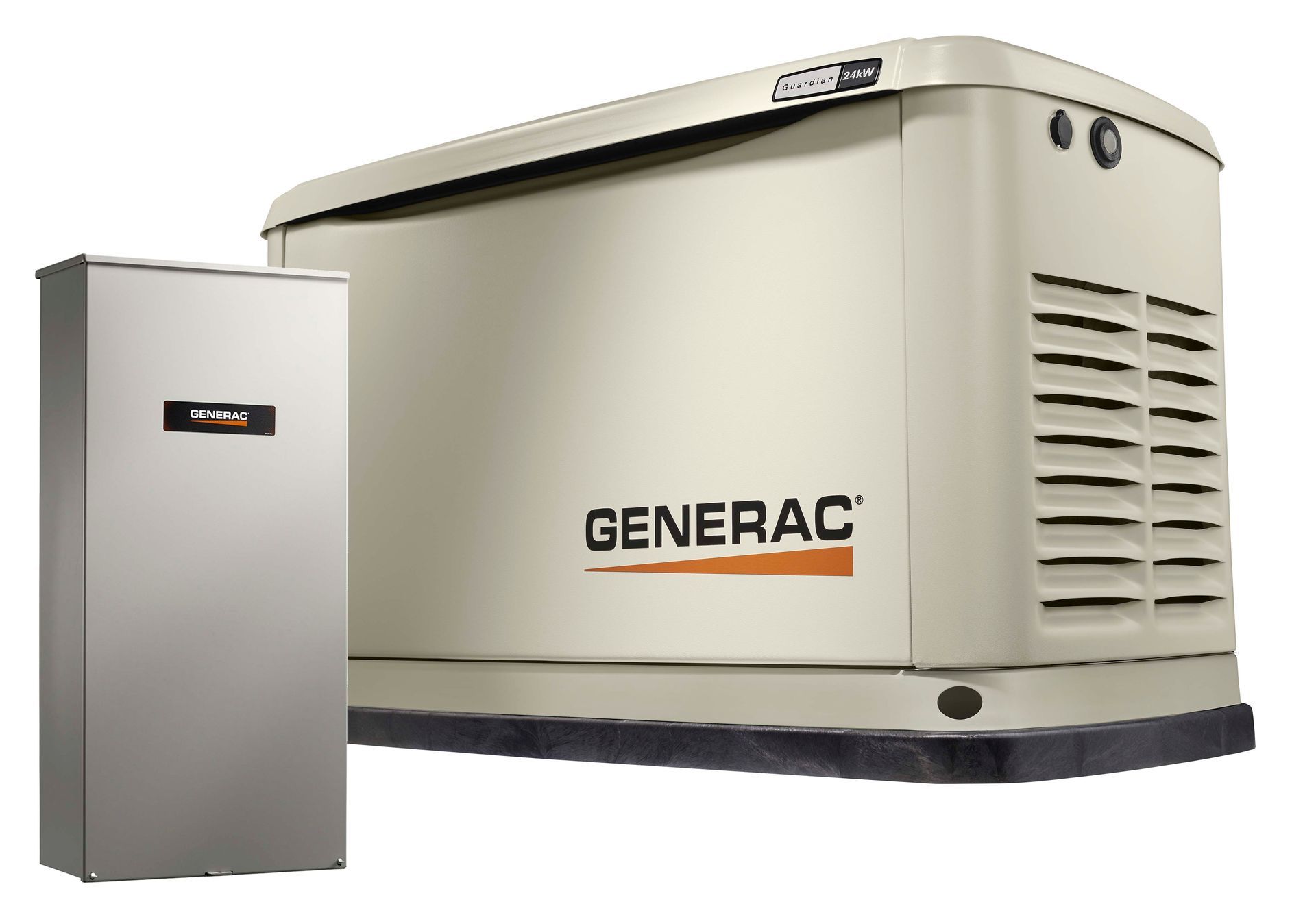 Generac generator and control panel, beige and silver, likely for home backup power.