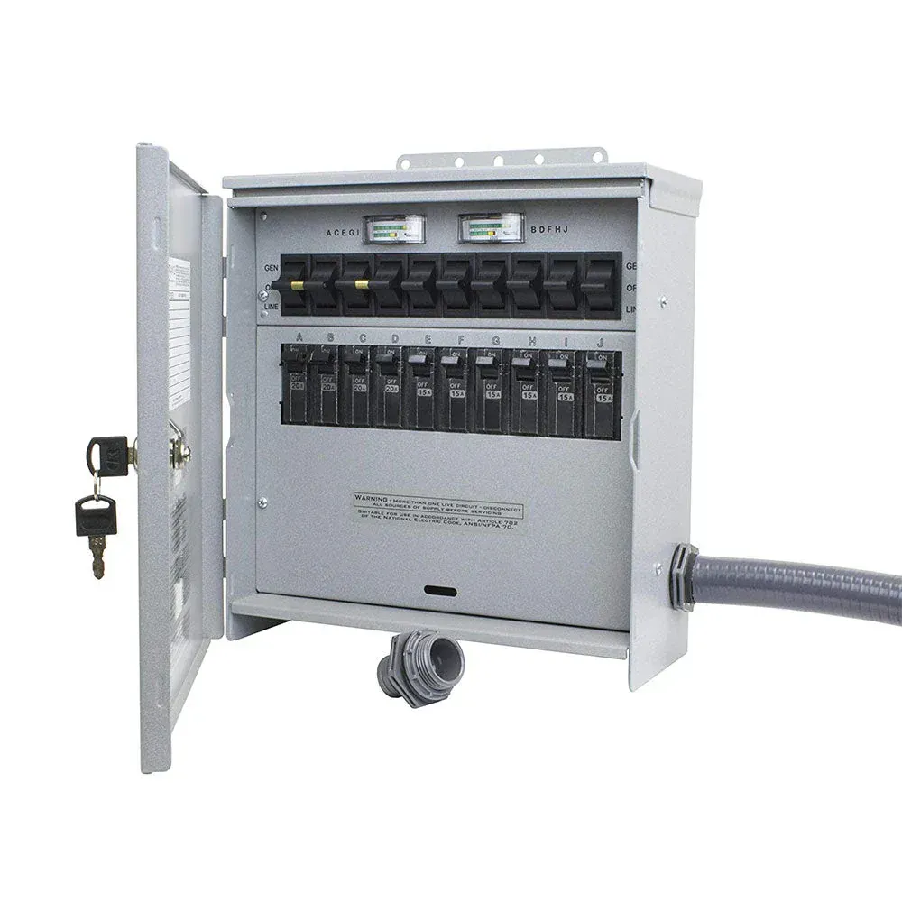 Metal electrical panel box with open door, breakers, and conduit. Gray with black switches.