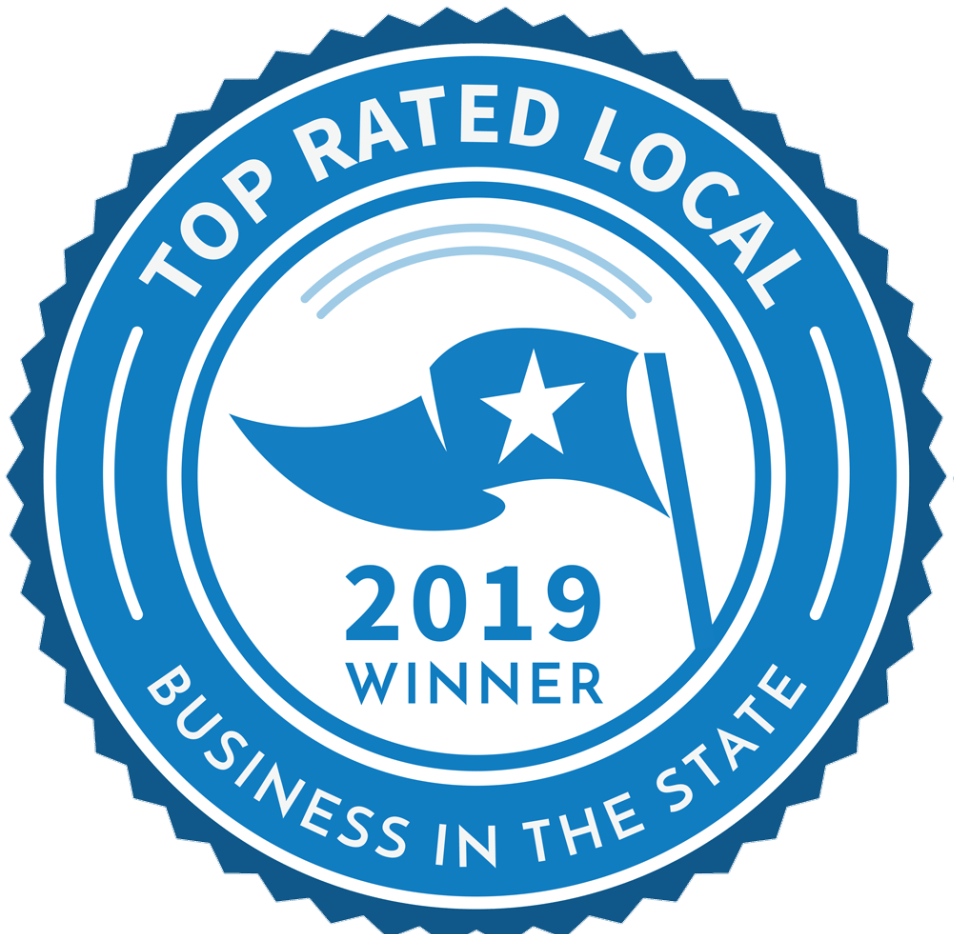 A blue seal that says top rated local business in the state